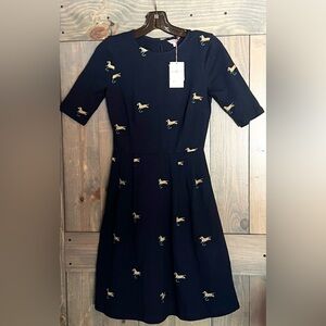 Cath Kidston Ladies Dress US 2 UK 6 Embroidered DOGS Fit Flare Navy Blue NEW